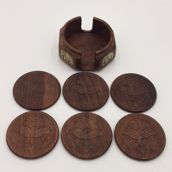 Vintage Elephant Drink Coasters Carved Wood Set Of 6 Brass Inlays - Picture 6 of 9